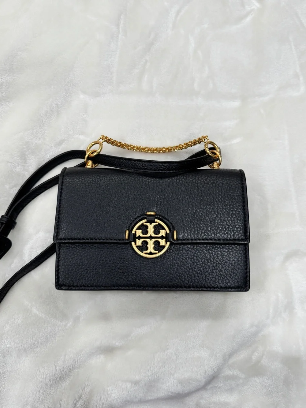 Tory Burch Black Pebbled Leather Crossbody with Gold Logo Chain